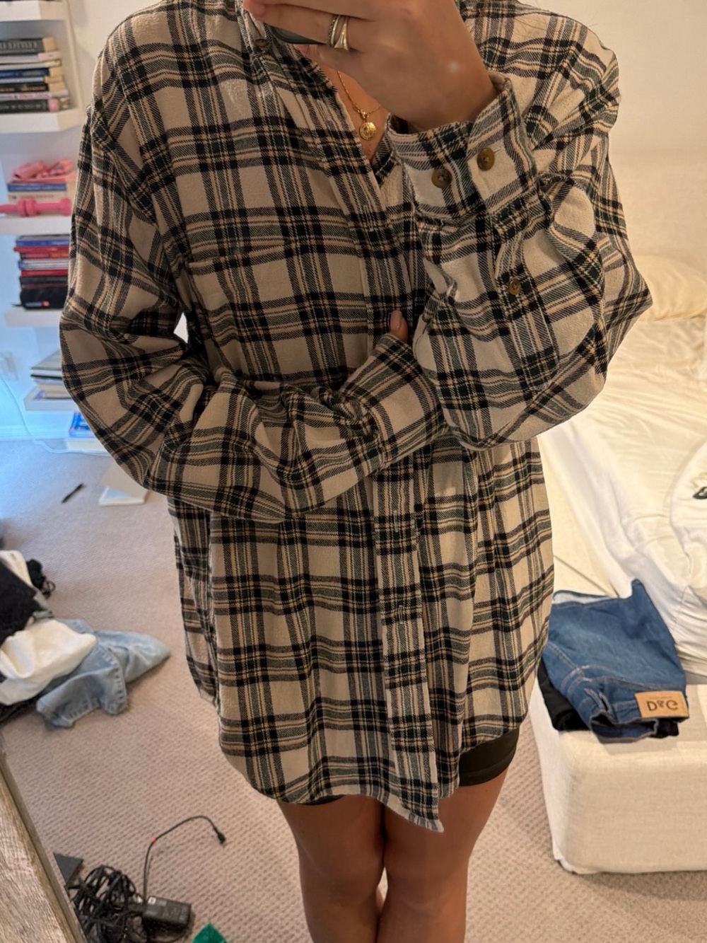 Men's Casual Beige and Black Plaid Button-Down Shirt